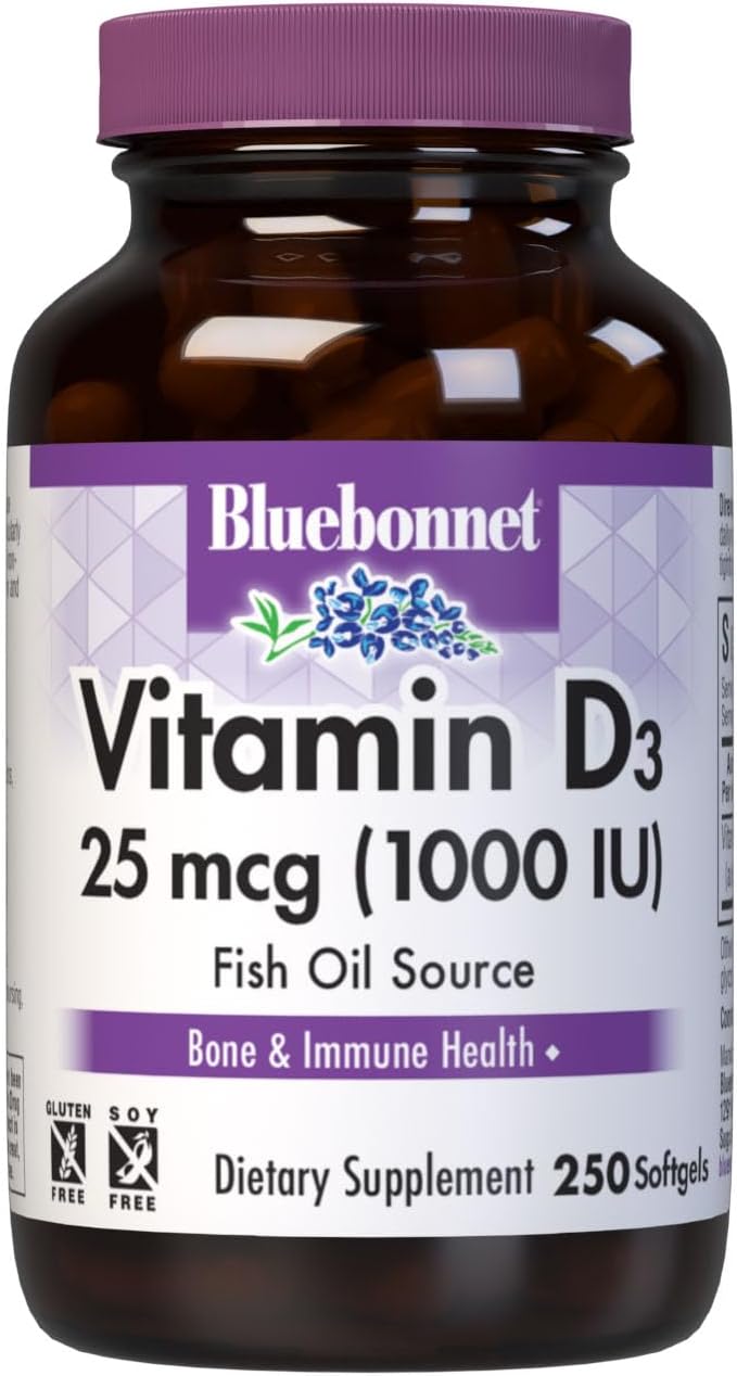 Bluebonnet Nutrition Vitamin D3 1000 IU Softgels, Supports Muscle and Bone Health, Fish Oil Derived Cholecalciferol, Non GMO, Gluten Free, Soy Free, Dairy Free, 250 Softgels
