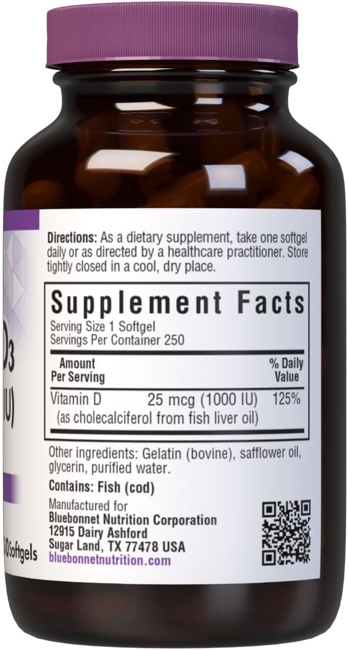 Bluebonnet Nutrition Vitamin D3 1000 IU Softgels, Supports Muscle and Bone Health, Fish Oil Derived Cholecalciferol, Non GMO, Gluten Free, Soy Free, Dairy Free, 250 Softgels