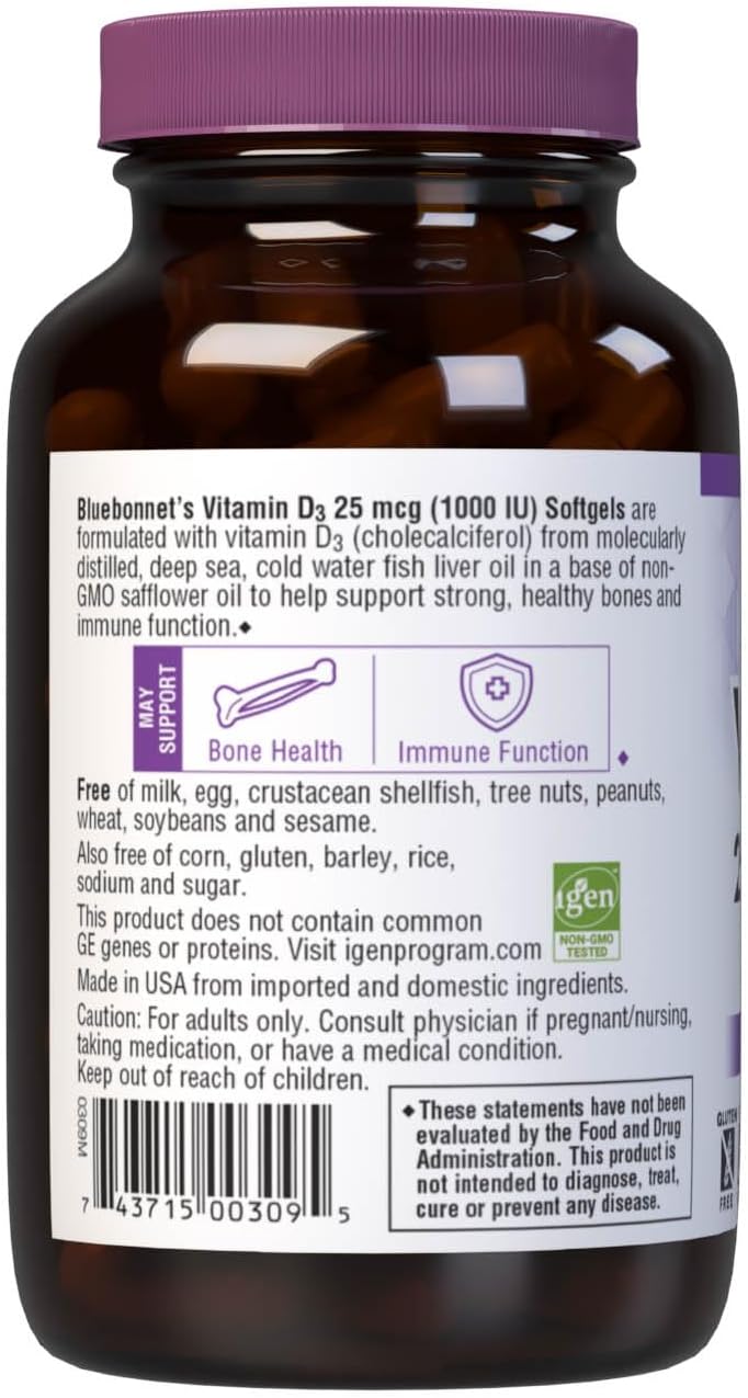 Bluebonnet Nutrition Vitamin D3 1000 IU Softgels, Supports Muscle and Bone Health, Fish Oil Derived Cholecalciferol, Non GMO, Gluten Free, Soy Free, Dairy Free, 250 Softgels