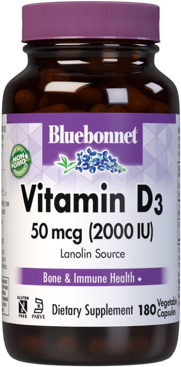 Bluebonnet Nutrition Vitamin D3 2000 IU Capsules for Muscle and Bone Health, Lanolin Source, Non GMO, Gluten Free, Soy Free, 180 Capsules