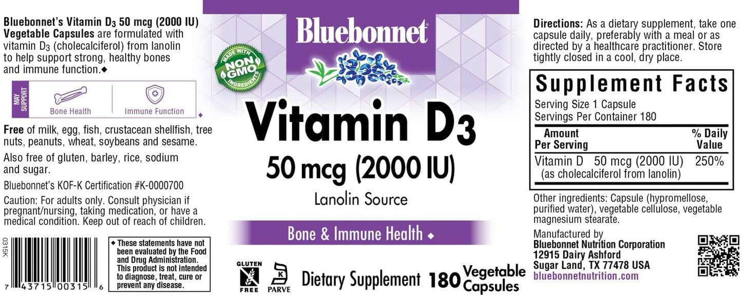 Bluebonnet Nutrition Vitamin D3 2000 IU Capsules for Muscle and Bone Health, Lanolin Source, Non GMO, Gluten Free, Soy Free, 180 Capsules