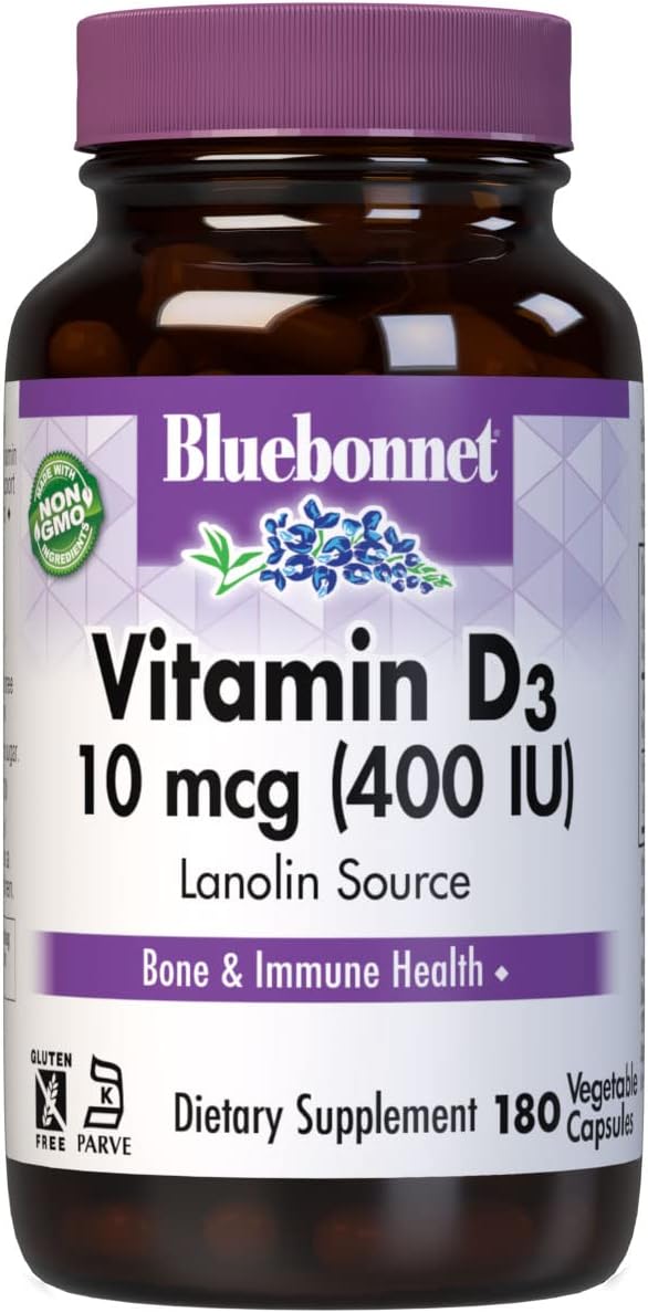 BlueBonnet Nutrition Vitamin D3 400 IU Capsules for Muscle and Bone Growth, Lanolin-Derived Cholecalciferol, Non-GMO, Gluten/Soy/Milk-Free, Kosher, 180 Count