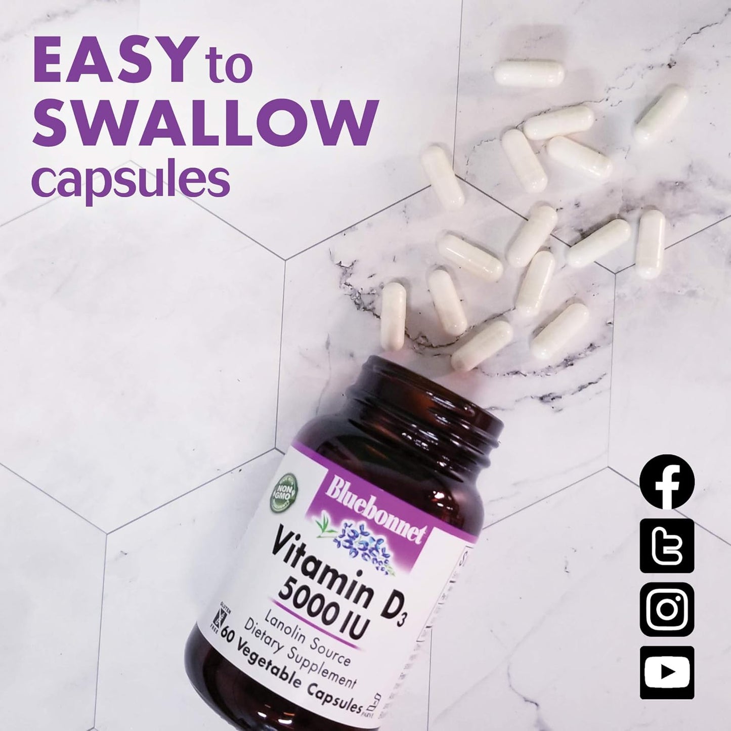 BlueBonnet Nutrition Vitamin D3 400 IU Capsules for Muscle and Bone Growth, Lanolin-Derived Cholecalciferol, Non-GMO, Gluten/Soy/Milk-Free, Kosher, 180 Count