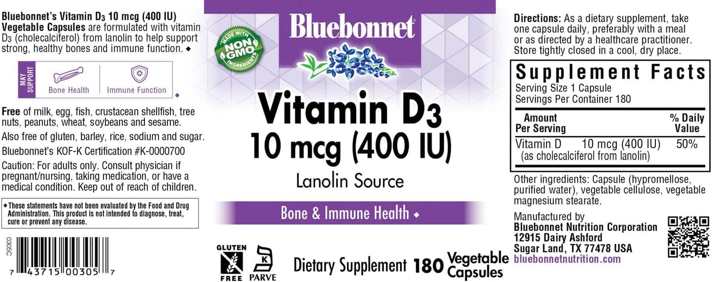 BlueBonnet Nutrition Vitamin D3 400 IU Capsules for Muscle and Bone Growth, Lanolin-Derived Cholecalciferol, Non-GMO, Gluten/Soy/Milk-Free, Kosher, 180 Count
