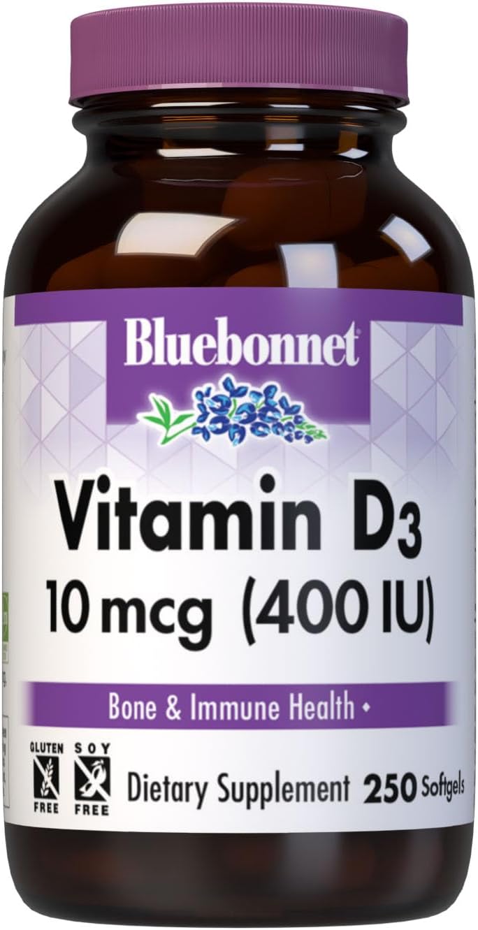 Bluebonnet Nutrition Vitamin D3 400 IU Softgels, Supports Muscle and Bone Health, Cholecalciferol from Fish Oil, Non GMO, Gluten Free, Soy Free, Dairy Free, 250 Softgels