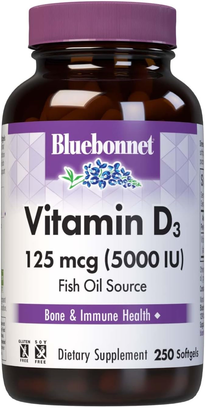 Bluebonnet Nutrition Vitamin D3 5000 IU Softgels - Supports Muscle and Bone Health, Fish Oil Source, Non-GMO, Gluten/Soy/Dairy Free - 250 Softgels
