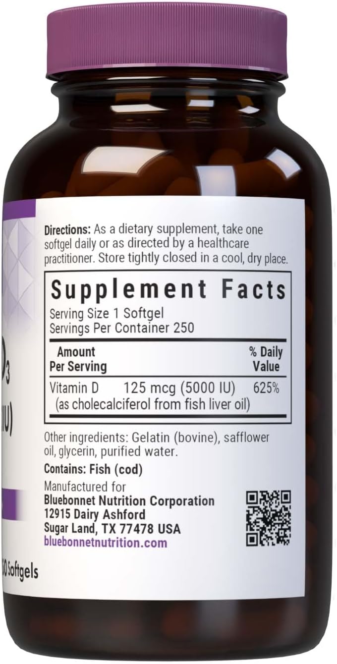 Bluebonnet Nutrition Vitamin D3 5000 IU Softgels - Supports Muscle and Bone Health, Fish Oil Source, Non-GMO, Gluten/Soy/Dairy Free - 250 Softgels