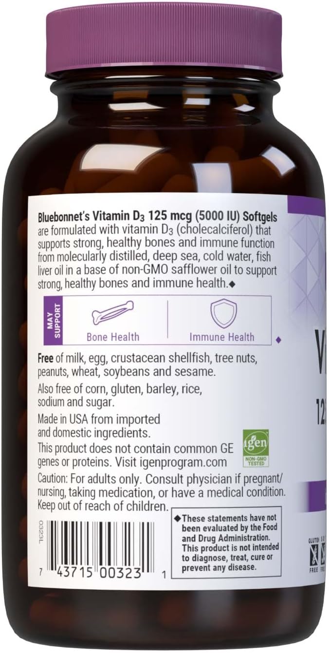 Bluebonnet Nutrition Vitamin D3 5000 IU Softgels - Supports Muscle and Bone Health, Fish Oil Source, Non-GMO, Gluten/Soy/Dairy Free - 250 Softgels