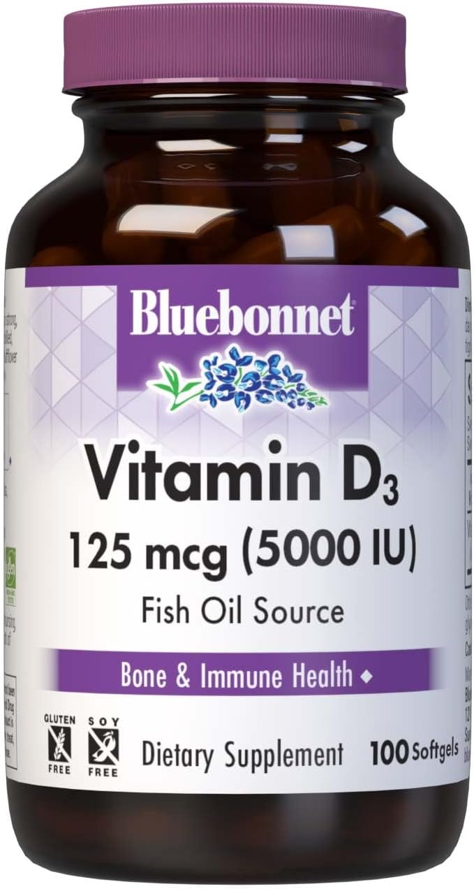 Bluebonnet Nutrition Vitamin D3 5000 IU Softgels, Supports Muscle and Bone Health, Cholecalciferol from Fish Oil, Non GMO, Gluten, Soy & Dairy Free, 100 Count