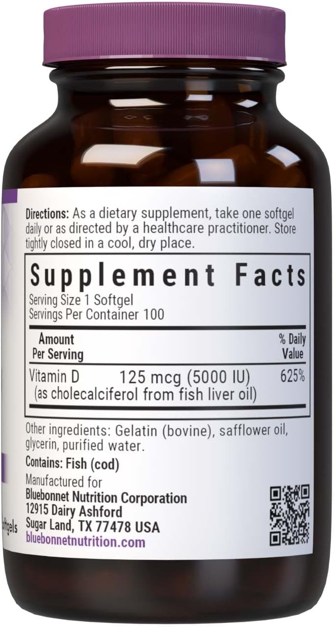 Bluebonnet Nutrition Vitamin D3 5000 IU Softgels, Supports Muscle and Bone Health, Cholecalciferol from Fish Oil, Non GMO, Gluten, Soy & Dairy Free, 100 Count