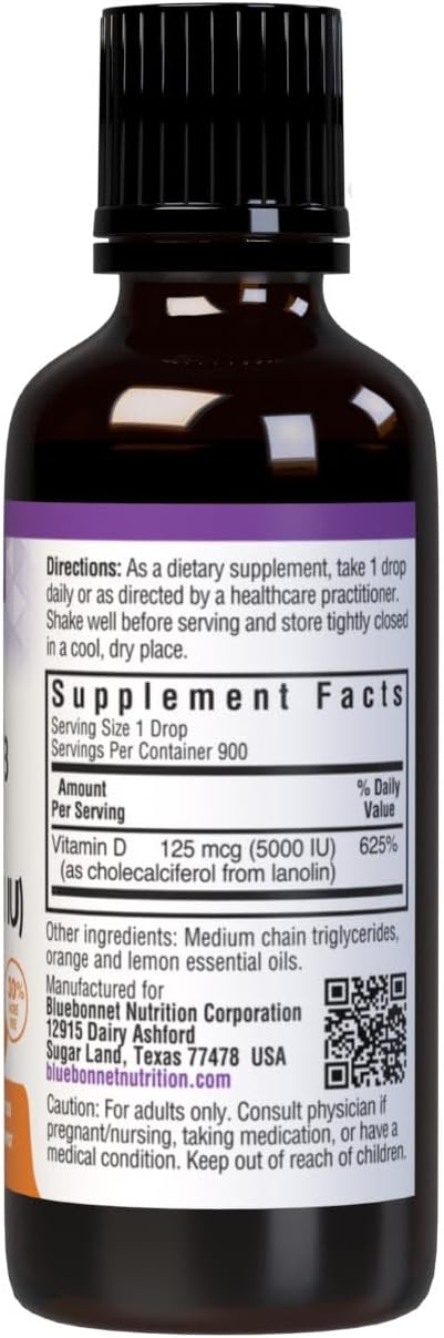 Bluebonnet Nutrition Vitamin D3 Drops 5000 IU for Muscle and Skeletal Health, Non GMO, Gluten Free, Soy Free, Dairy Free, Kosher, Citrus Flavor - 1 Fl Oz