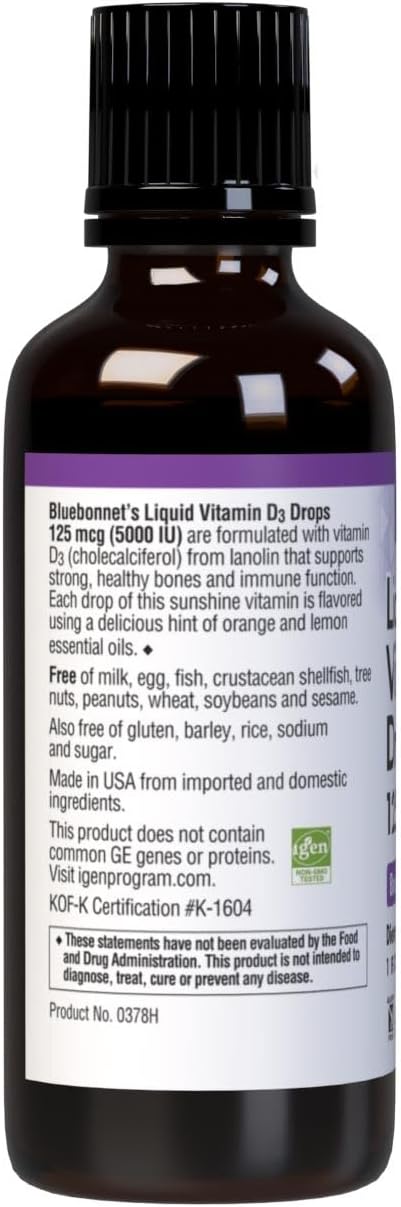 Bluebonnet Nutrition Vitamin D3 Drops 5000 IU for Muscle and Skeletal Health, Non GMO, Gluten Free, Soy Free, Dairy Free, Kosher, Citrus Flavor - 1 Fl Oz