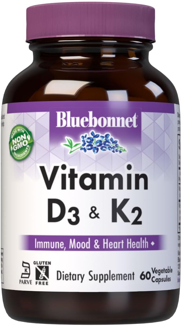 Bluebonnet Nutrition Vitamin D3 & K2 Capsules for Strong Bones, Soy-Free, Gluten-Free, Non-GMO, Dairy-Free - 60 Servings