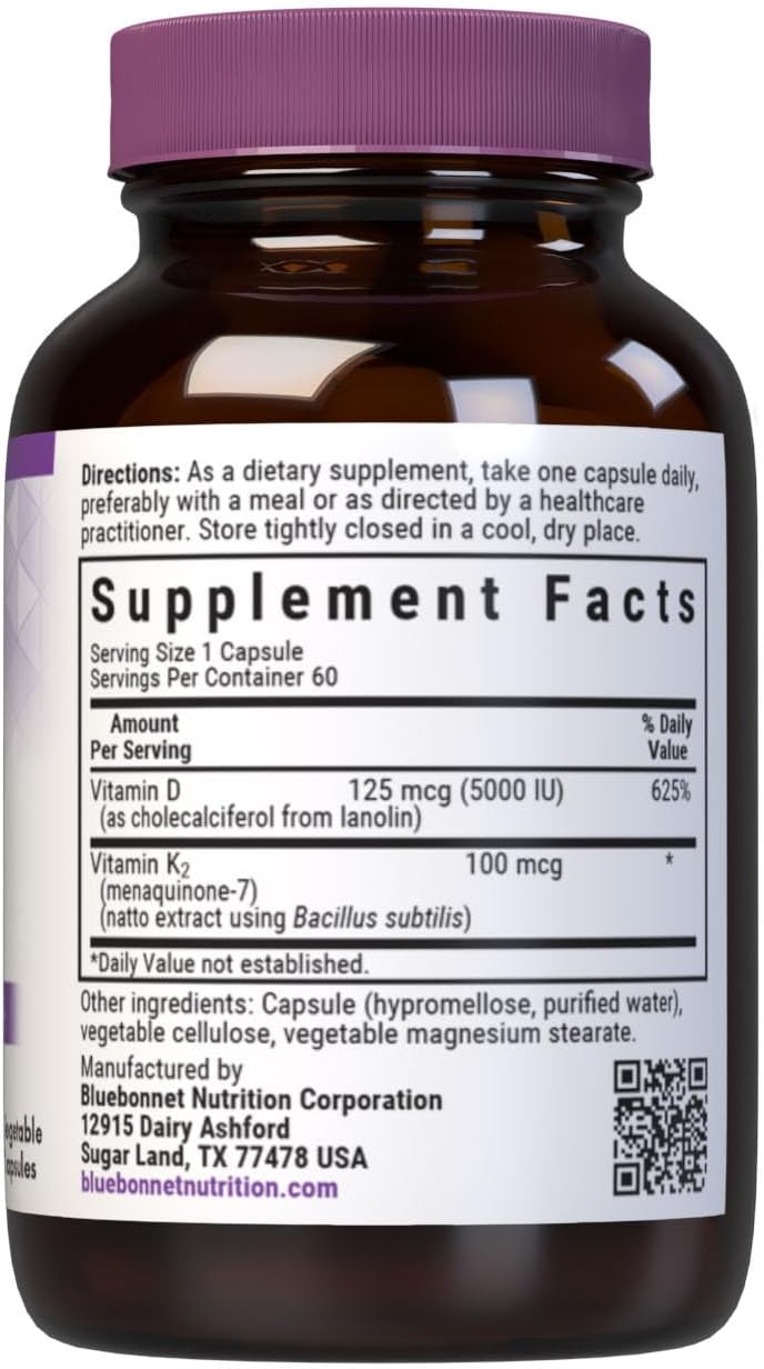 Bluebonnet Nutrition Vitamin D3 & K2 Capsules for Strong Bones, Soy-Free, Gluten-Free, Non-GMO, Dairy-Free - 60 Servings
