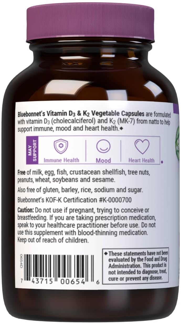 Bluebonnet Nutrition Vitamin D3 & K2 Capsules for Strong Bones, Soy-Free, Gluten-Free, Non-GMO, Dairy-Free - 60 Servings