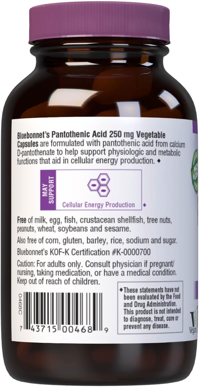 Bluebonnet Pantothenic Acid 250 mg Capsules - 60 Vegetable Capsules
