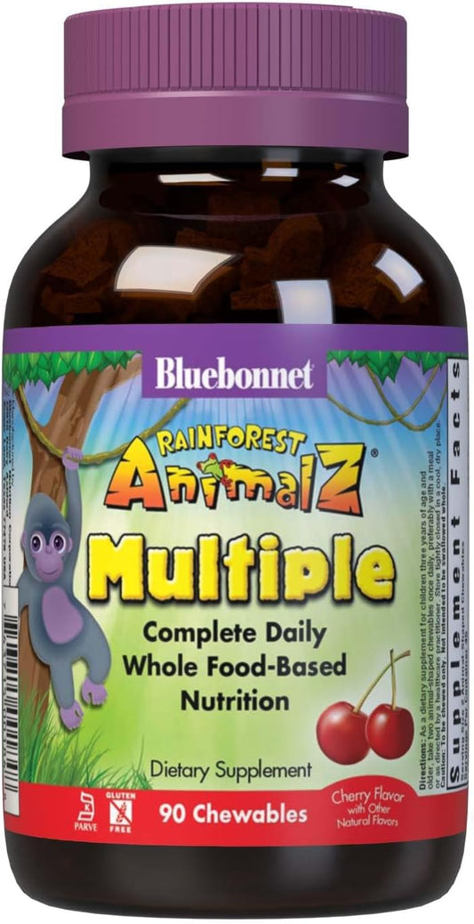 Bluebonnet RainForest Animalz WholeFood Multivitamin & Mineral Supplement for Immune Health - Gluten-Free - 90 Cherry Chewable Tablets
