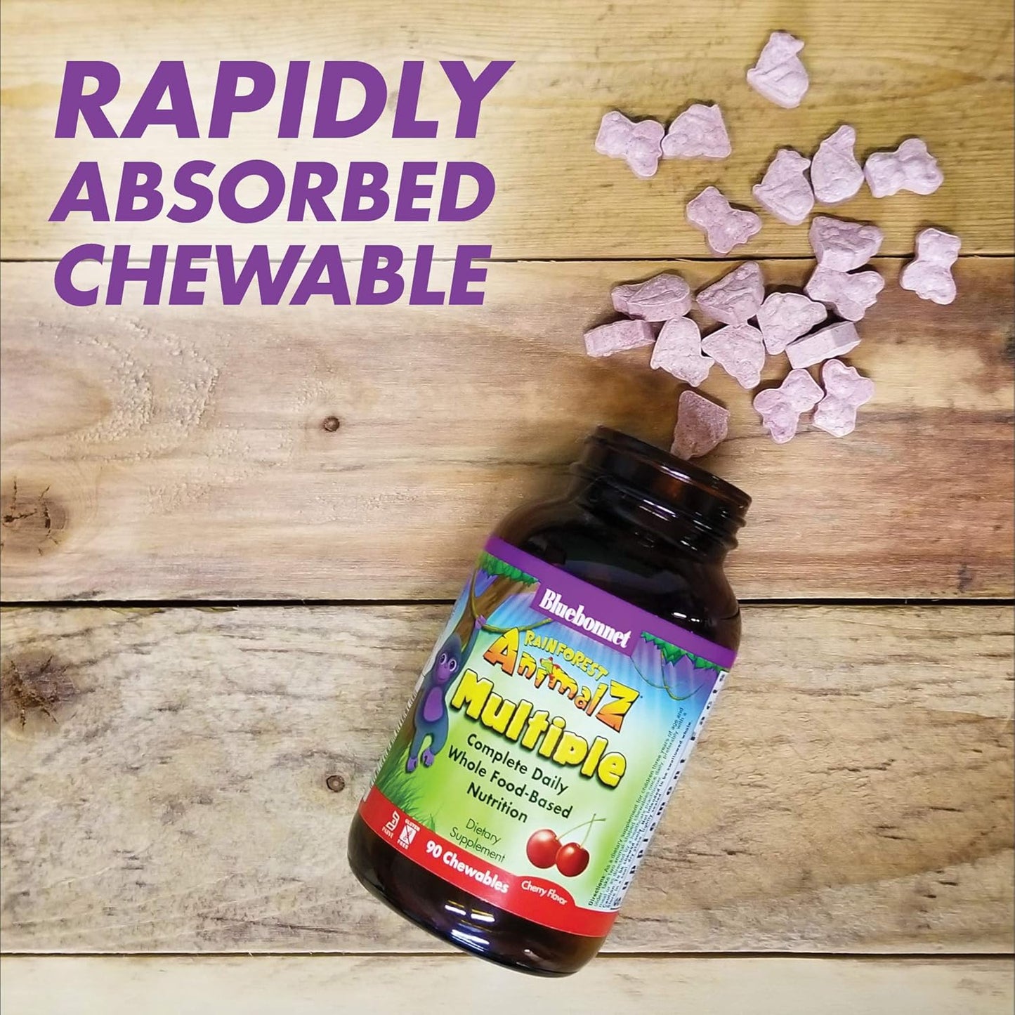 Bluebonnet RainForest Animalz WholeFood Multivitamin & Mineral Supplement for Immune Health - Gluten-Free - 90 Cherry Chewable Tablets