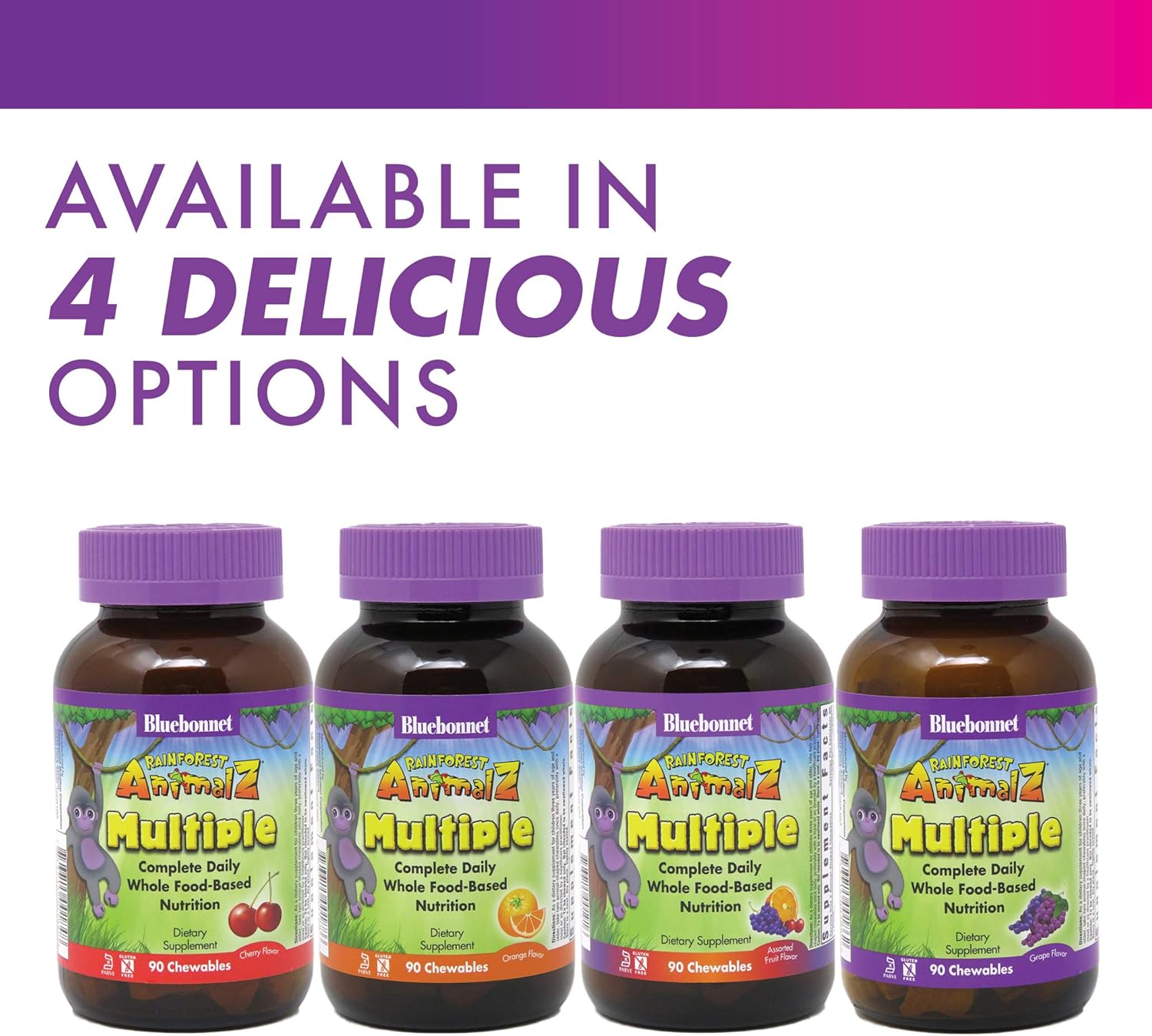 Bluebonnet RainForest Animalz WholeFood Multivitamin & Mineral Supplement for Immune Health - Gluten-Free - 90 Cherry Chewable Tablets