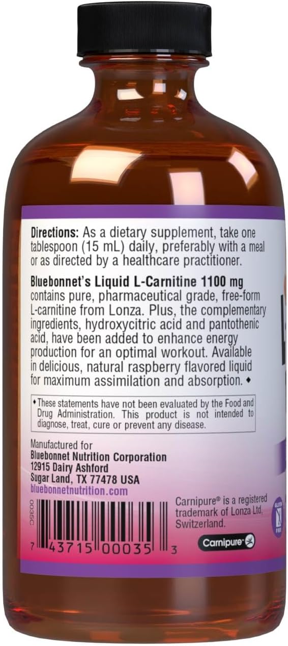 Bluebonnet Raspberry Flavored Liquid L-Carnitine Supplement - 1100mg, 8 fl oz