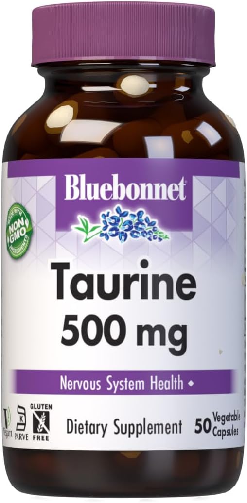 Bluebonnet Taurine 500 mg Capsules - 50 Count Bottle for Vitamin Support