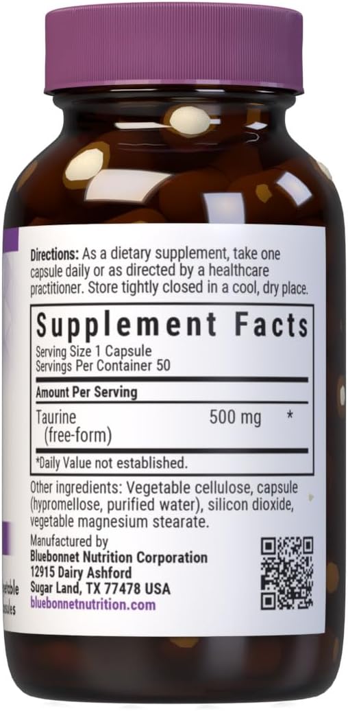 Bluebonnet Taurine 500 mg Capsules - 50 Count Bottle for Vitamin Support