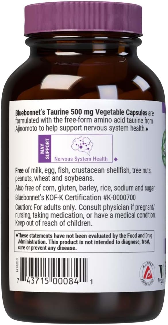 Bluebonnet Taurine 500 mg Capsules - 50 Count Bottle for Vitamin Support