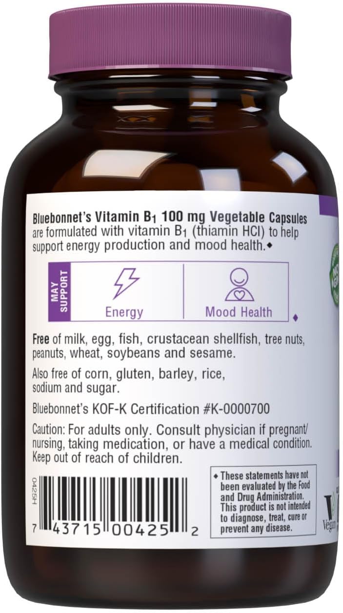 Bluebonnet Vitamin B-1 100 mg Capsules - 100 Vegetable Capsules - BoostGo Australia