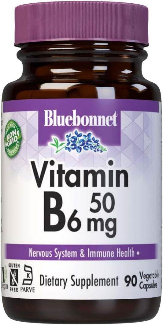 Bluebonnet Vitamin B6 50mg Supplement 90 Capsules - Supports Energy Production and Nervous System Health
