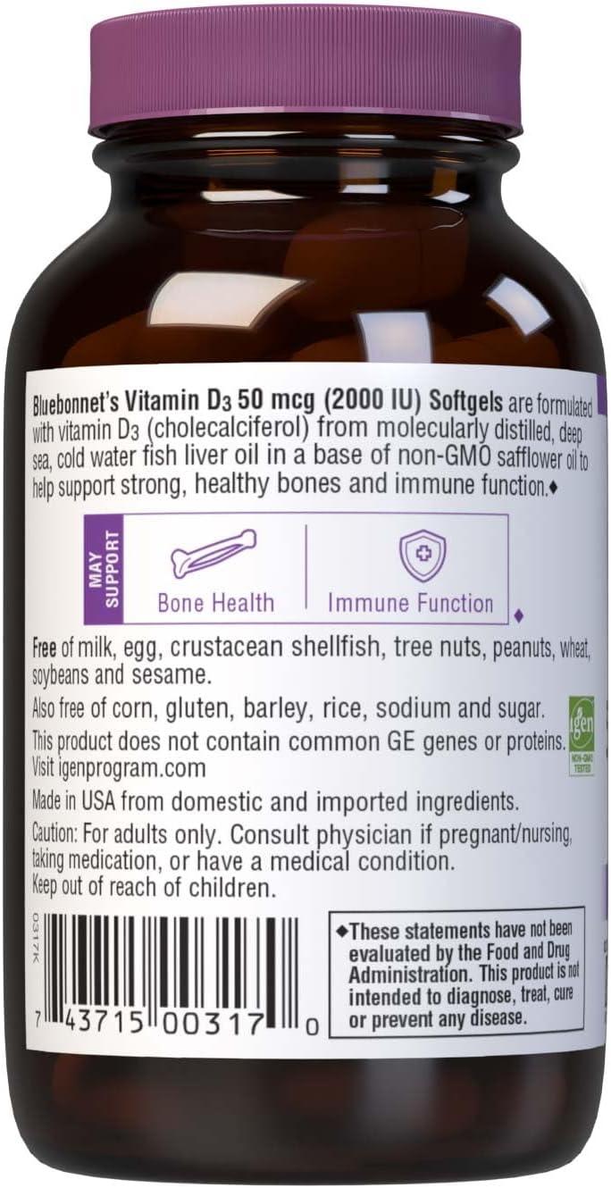Bluebonnet Vitamin D3 2000 IU Capsules, 100 Count - Vegan Friendly