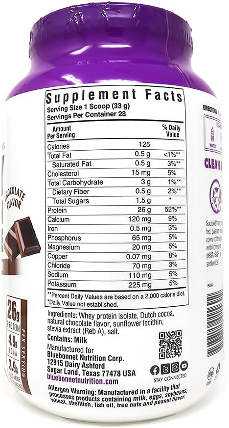 BlueBonnet Whey Protein Isolate Powder - Chocolate Flavor - 100% Natural - 2lb