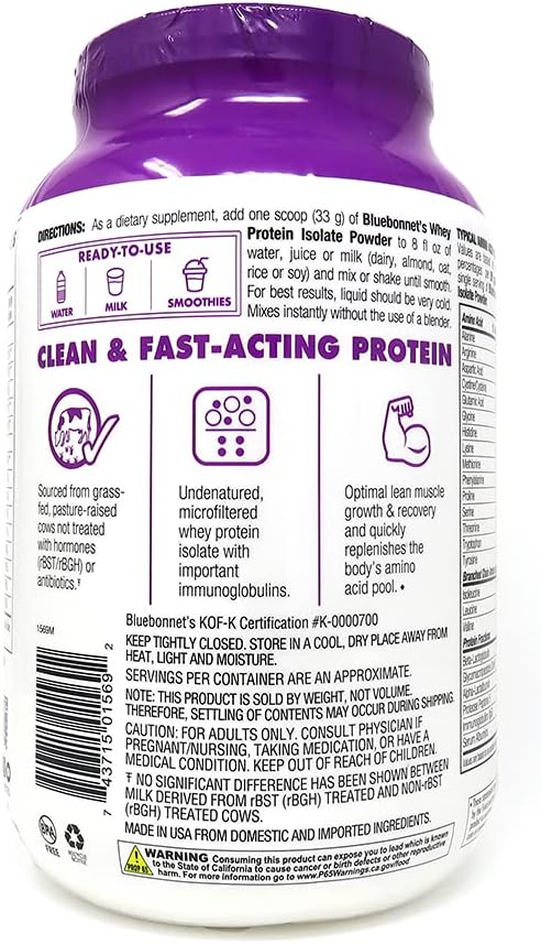 BlueBonnet Whey Protein Isolate Powder - Chocolate Flavor - 100% Natural - 2lb