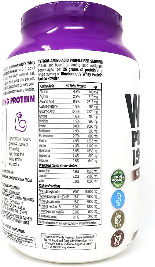 BlueBonnet Whey Protein Isolate Powder - Chocolate Flavor - 100% Natural - 2lb