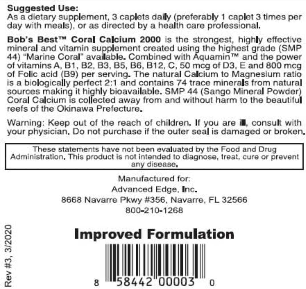 Bob's Best Coral Calcium 2000mg 3-Pack Caplets with Enhanced Formula for Improved Health