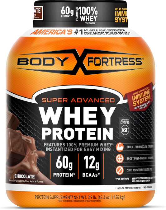 Body Fortress Super Advanced Whey Protein Powder, Chocolate Flavor with Immune Support, 3.9 lbs - Rich in Vitamins C & D Plus Zinc