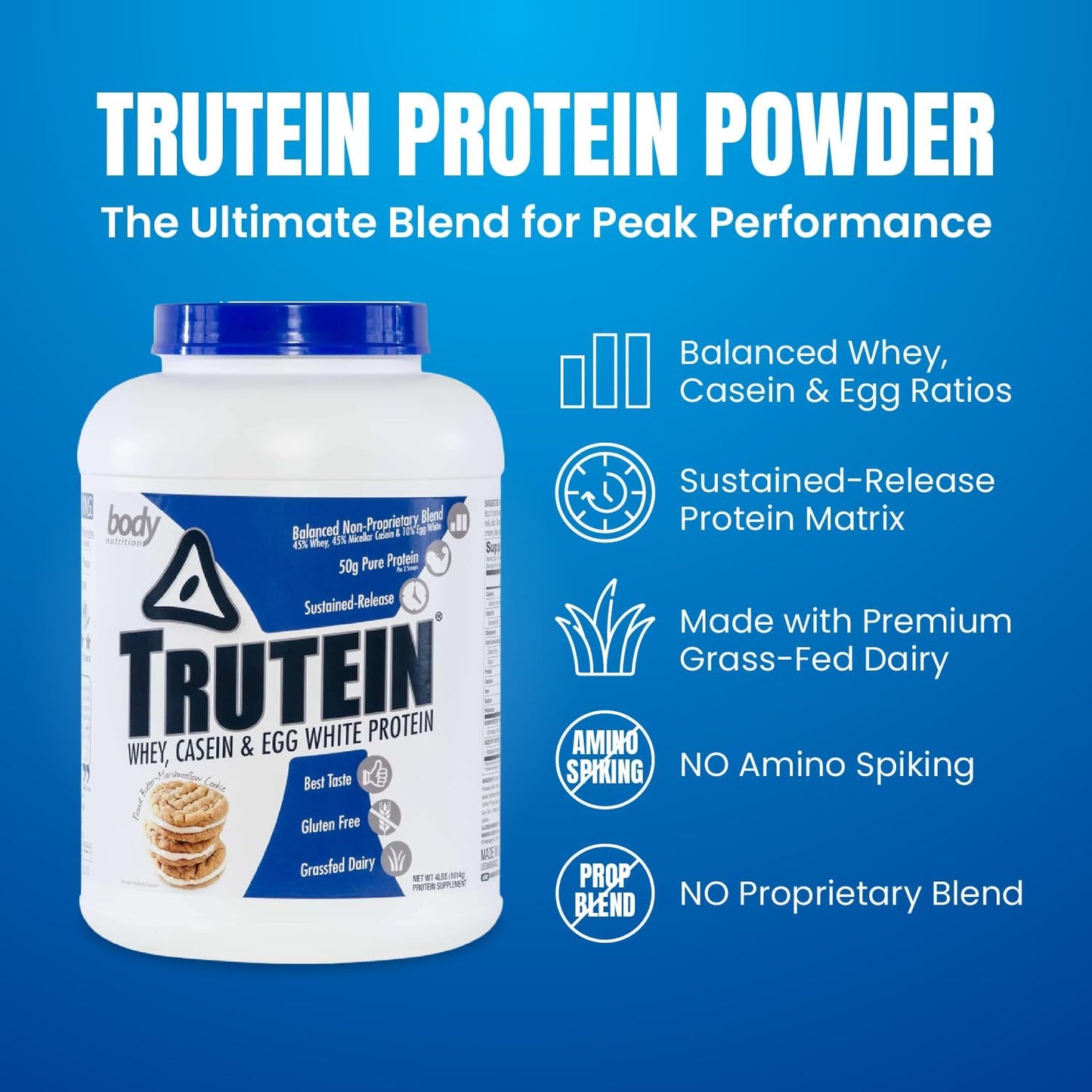Body Nutrition Trutein High Protein Powder - Peanut Butter Marshmallow Flavor - Gluten-Free Protein Shake Mix - Low Carb Supplement - 4lb Jar for Men & Women