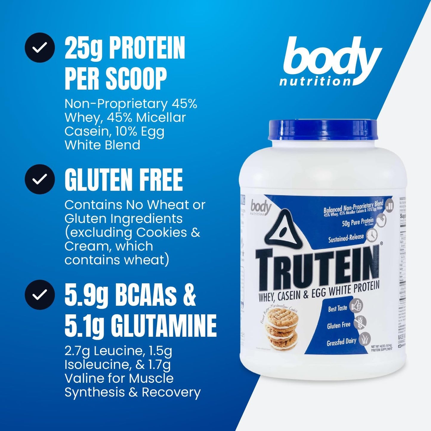 Body Nutrition Trutein High Protein Powder - Peanut Butter Marshmallow Flavor - Gluten-Free Protein Shake Mix - Low Carb Supplement - 4lb Jar for Men & Women