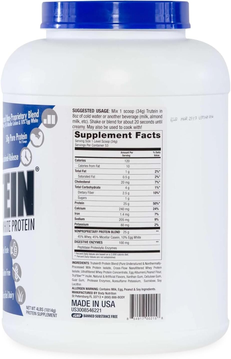 Body Nutrition Trutein High Protein Powder - Peanut Butter Marshmallow Flavor - Gluten-Free Protein Shake Mix - Low Carb Supplement - 4lb Jar for Men & Women