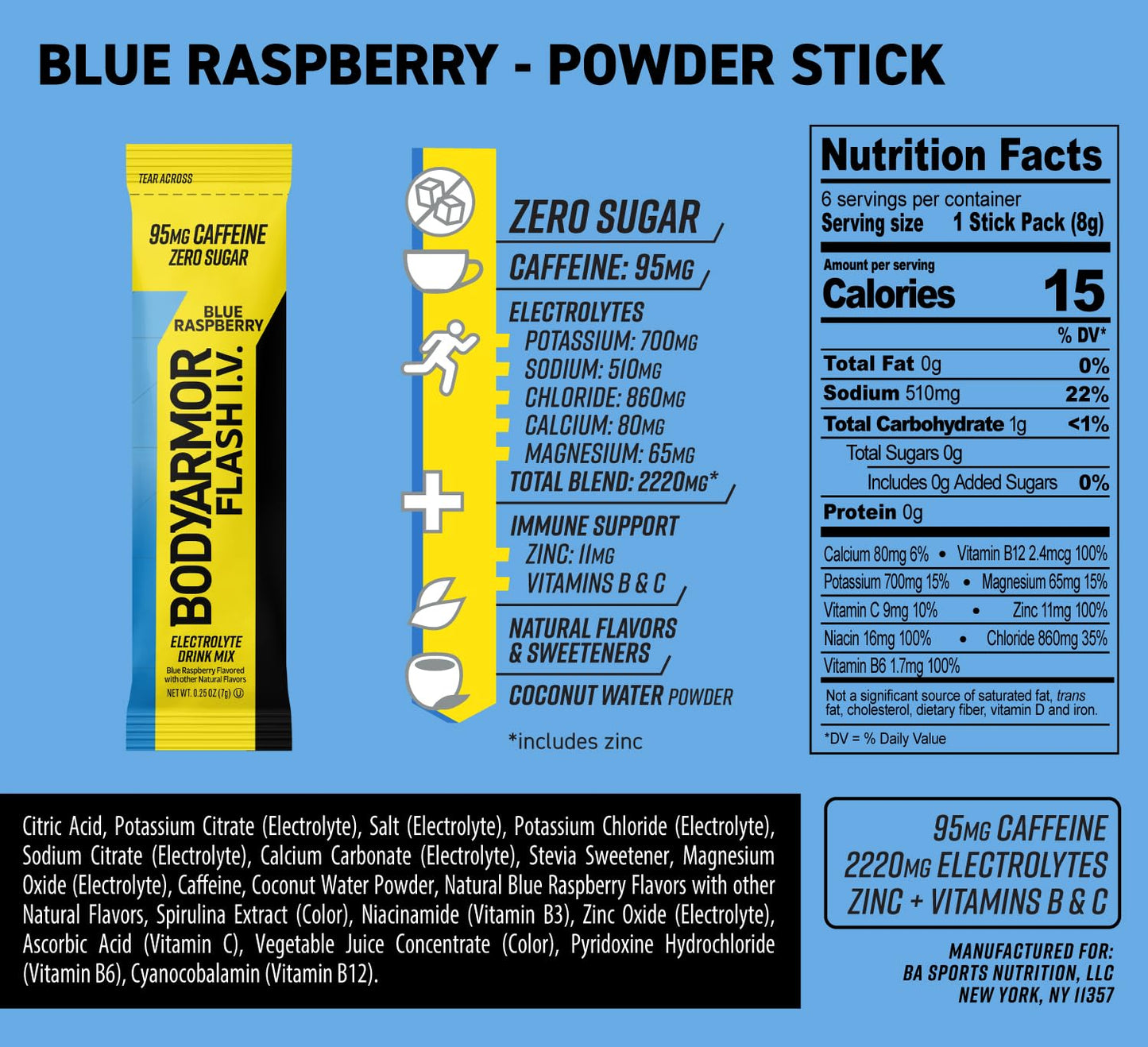 BODYARMOR Caffeine Blue Raspberry Electrolyte Mix Pack - 6 Pack of 0.28 oz Packets