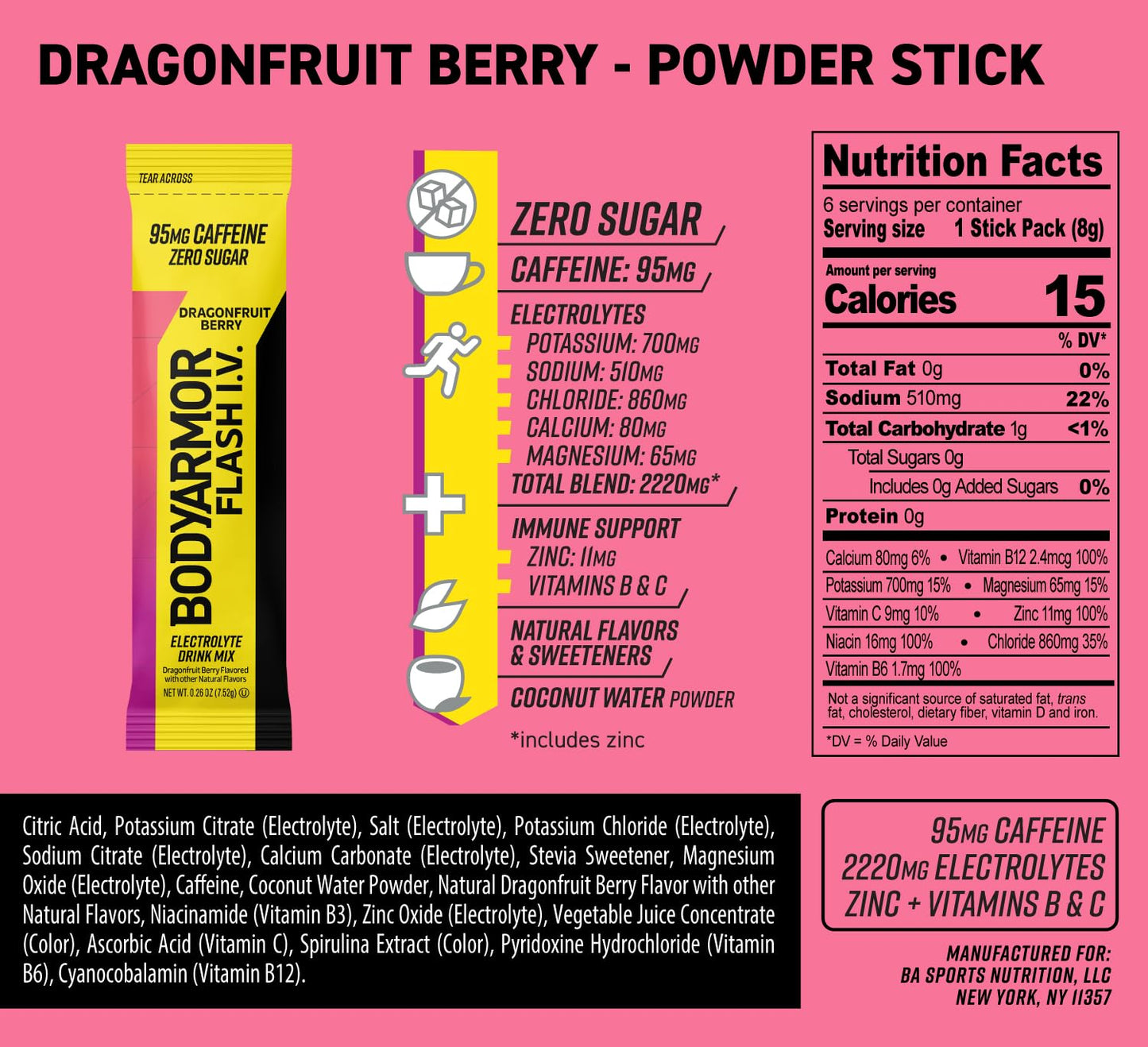 BODYARMOR Caffeine Flash I.V. Dragonfruit Berry Electrolyte Mix Packets - 6 Pack, 0.28 oz