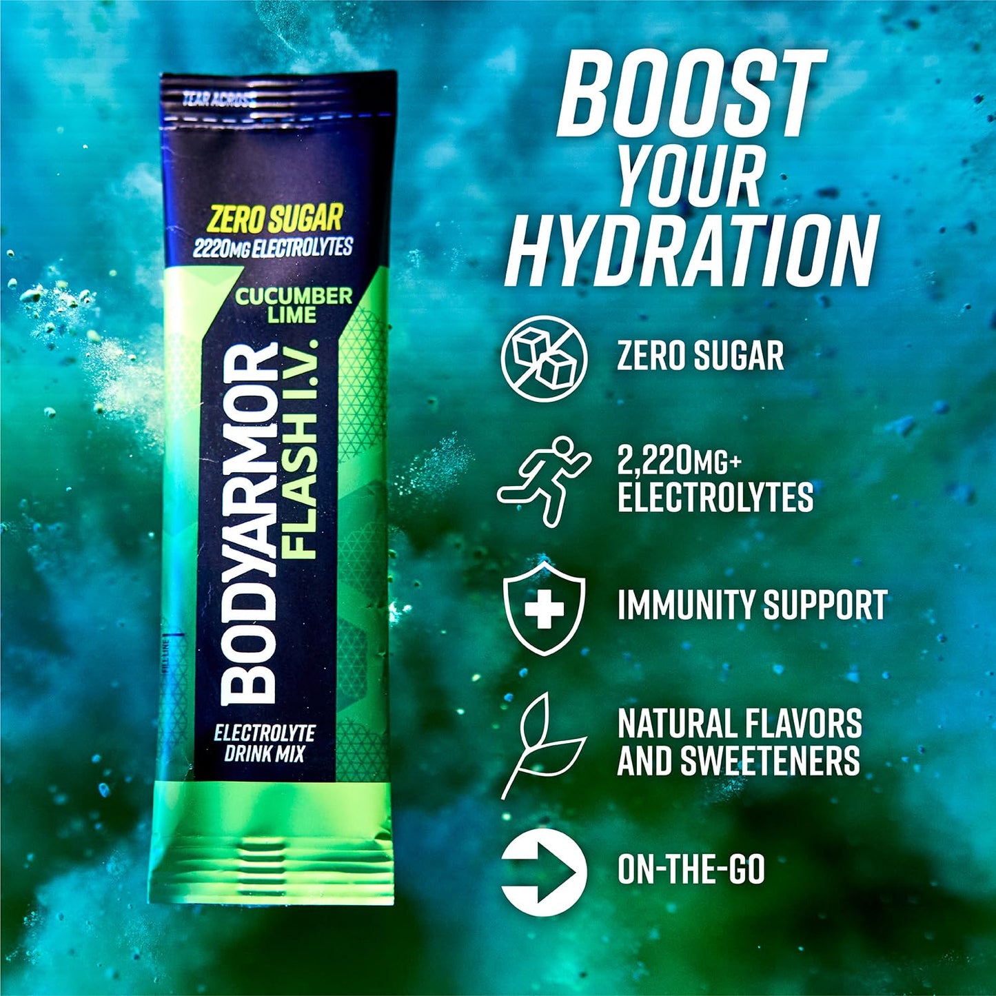 BODYARMOR Flash IV Electrolyte Packets - Cucumber Lime Flavor, Sugar-Free Drink Mix with Coconut Water Powder (6 Pack)