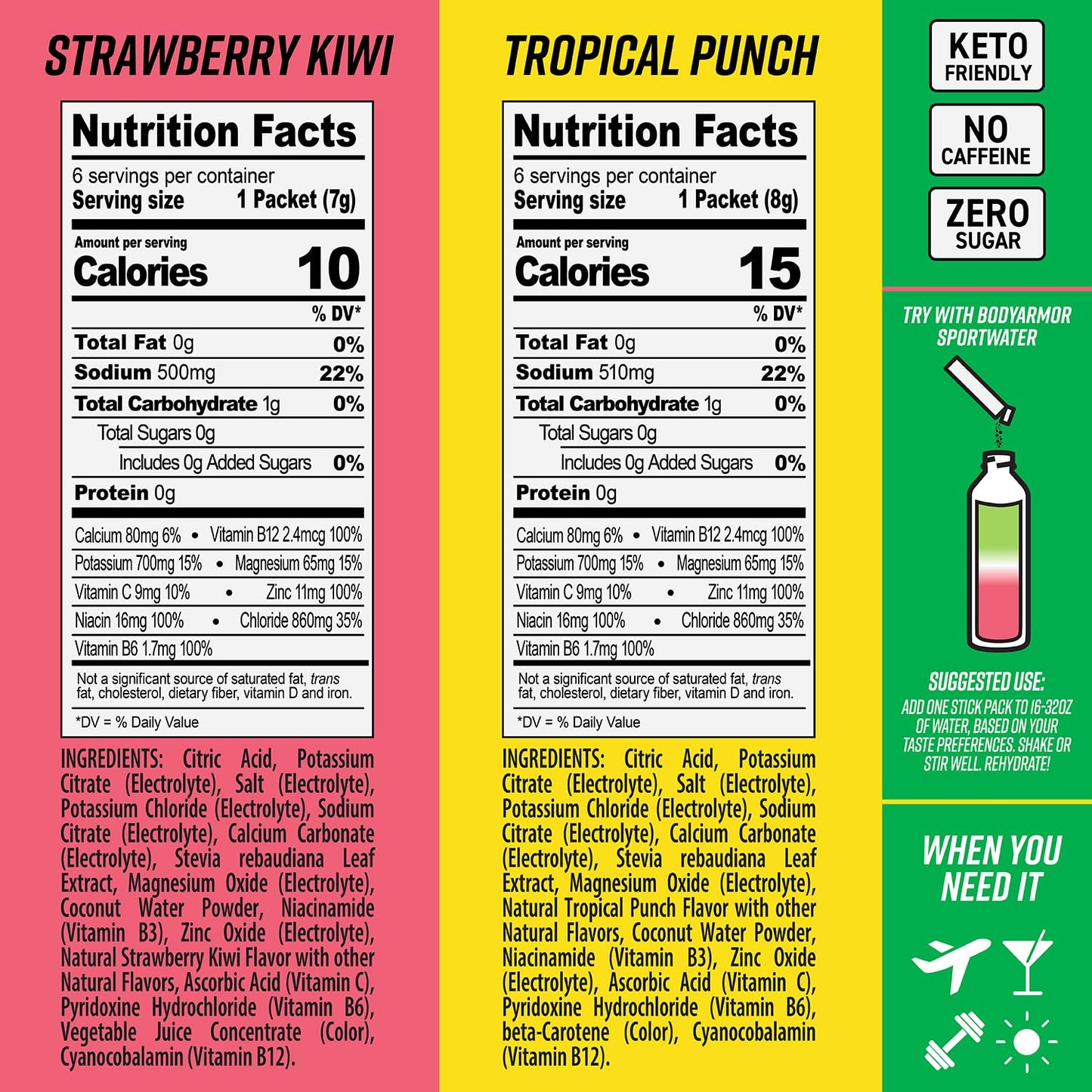 BODYARMOR Flash IV Electrolyte Packets - Strawberry Kiwi & Tropical Punch Variety Pack, 30 Count - Zero Sugar Coconut Water Drink Mix