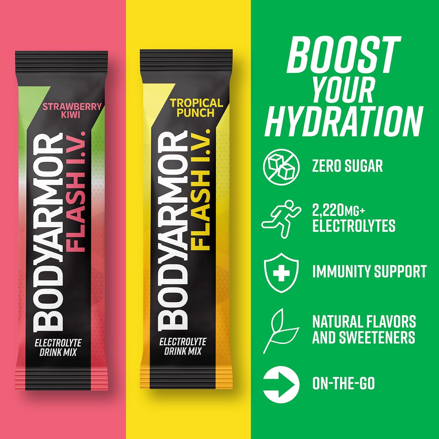 BODYARMOR Flash IV Electrolyte Packets - Strawberry Kiwi & Tropical Punch Variety Pack, 30 Count - Zero Sugar Coconut Water Drink Mix