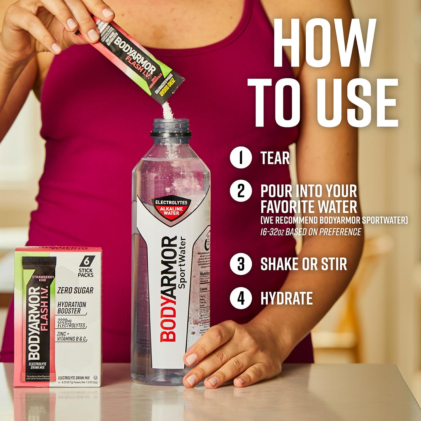 BODYARMOR Flash IV Electrolyte Packets - Strawberry Kiwi & Tropical Punch Variety Pack, 30 Count - Zero Sugar Coconut Water Drink Mix