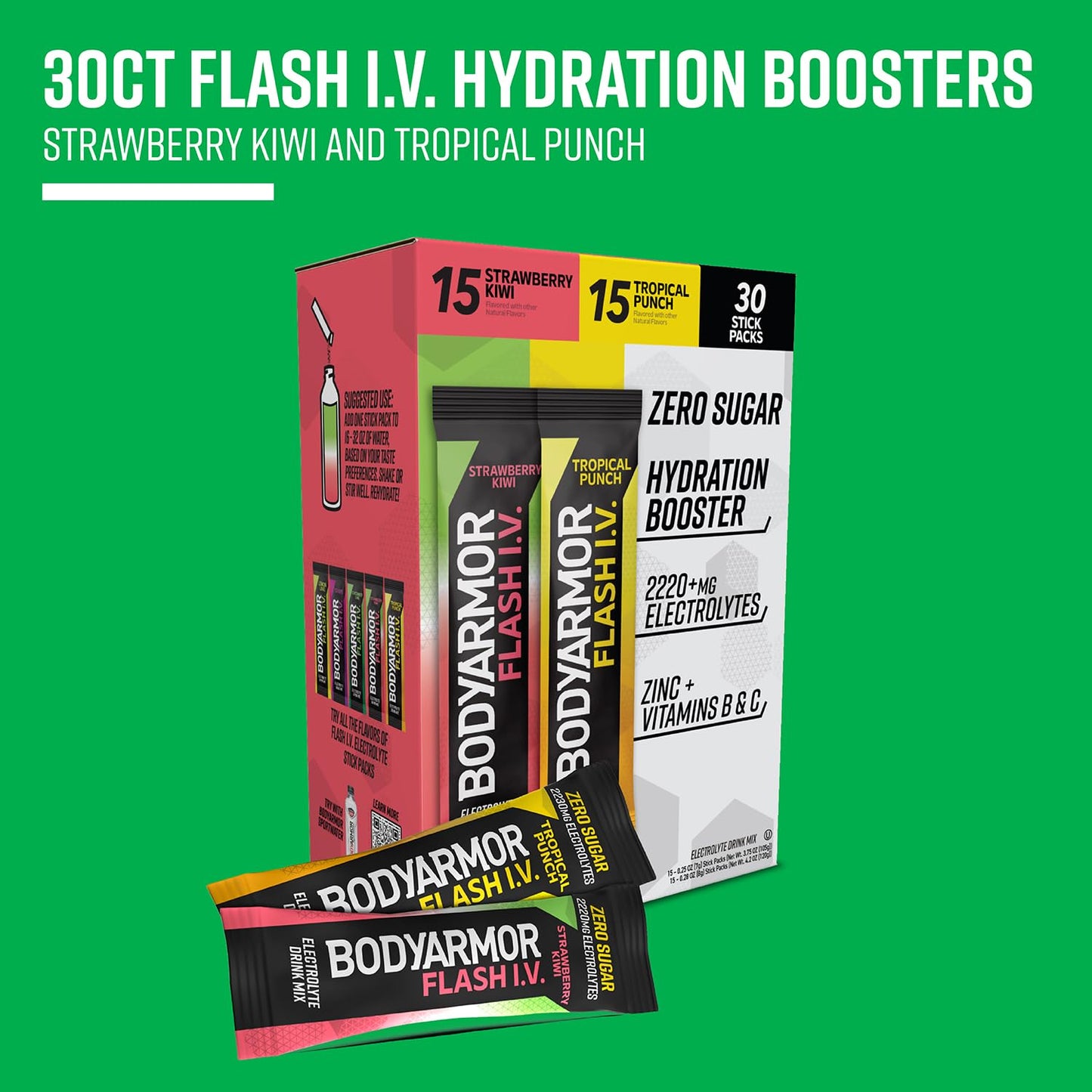 BODYARMOR Flash IV Electrolyte Packets - Strawberry Kiwi & Tropical Punch Variety Pack, 30 Count - Zero Sugar Coconut Water Drink Mix
