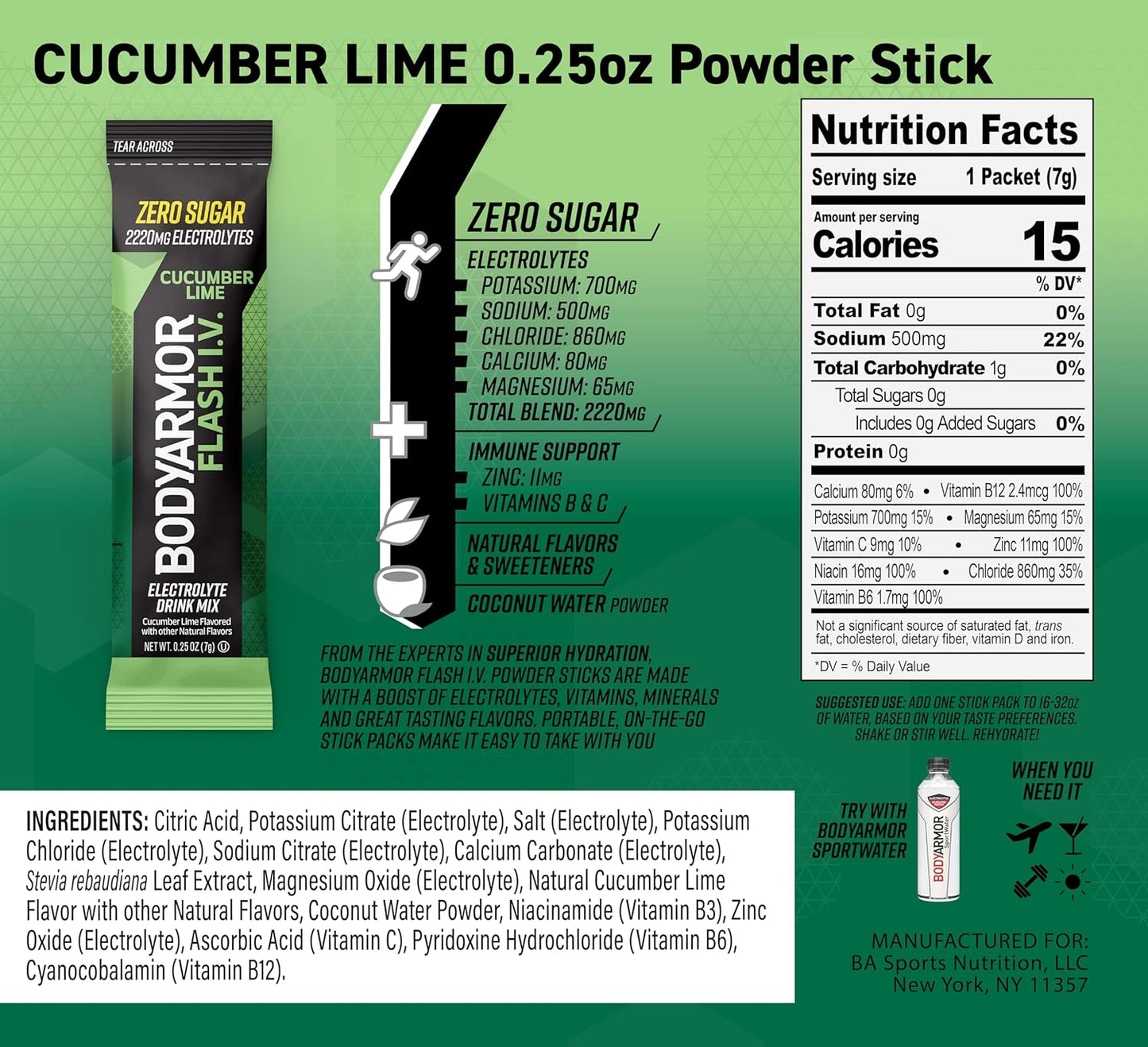 BODYARMOR Flash IV Electrolyte Packets, Cucumber Lime - Zero Sugar Drink Mix with Coconut Water Powder for Hydration on the Go (15 Packets)
