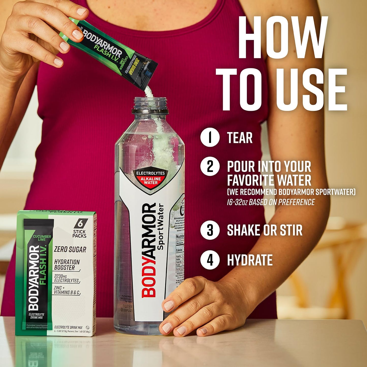 BODYARMOR Flash IV Electrolyte Packets, Cucumber Lime - Zero Sugar Drink Mix with Coconut Water Powder for Hydration on the Go (15 Packets)