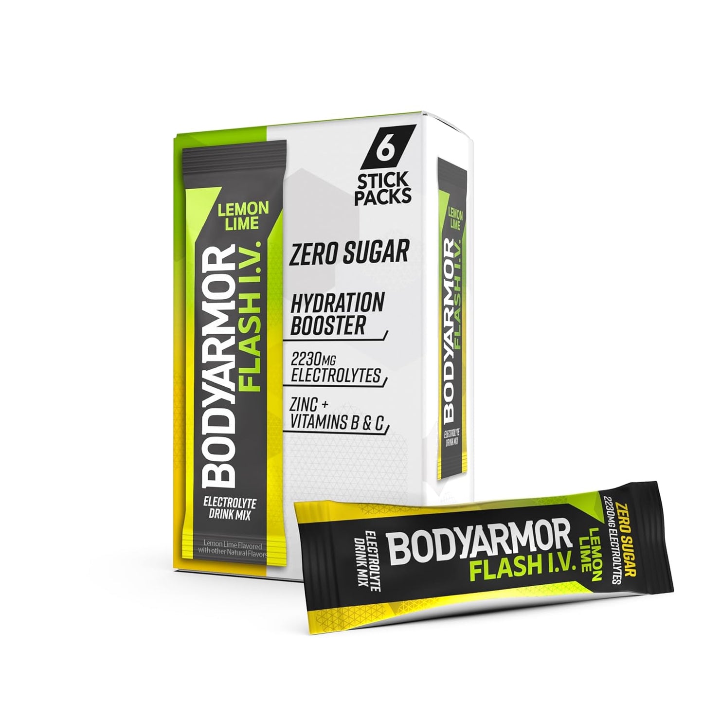 BODYARMOR Flash IV Electrolyte Packets, Lemon Lime - Zero Sugar Drink Mix with Coconut Water Powder (6 Pack)