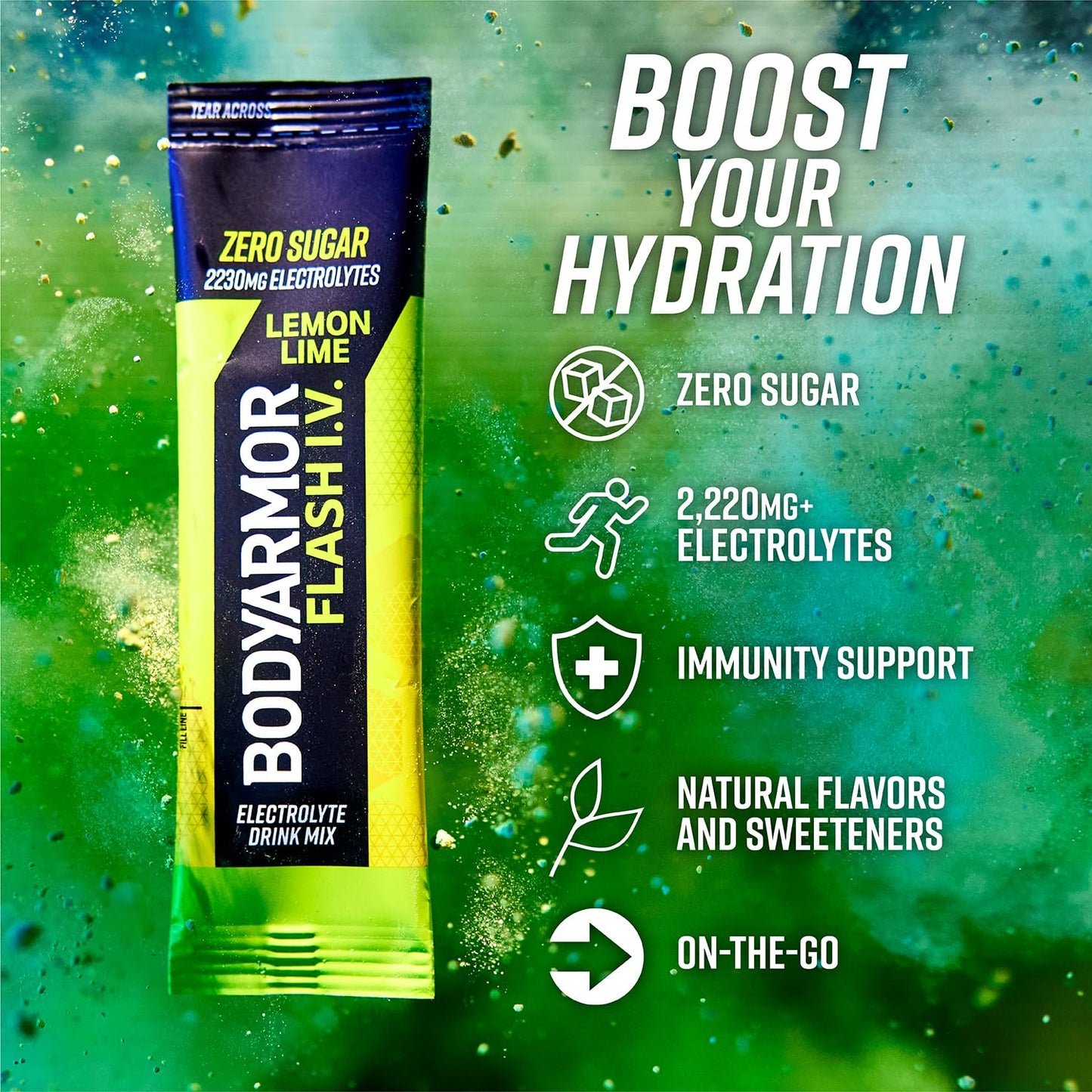 BODYARMOR Flash IV Electrolyte Packets, Lemon Lime - Zero Sugar Drink Mix with Coconut Water Powder (6 Pack)