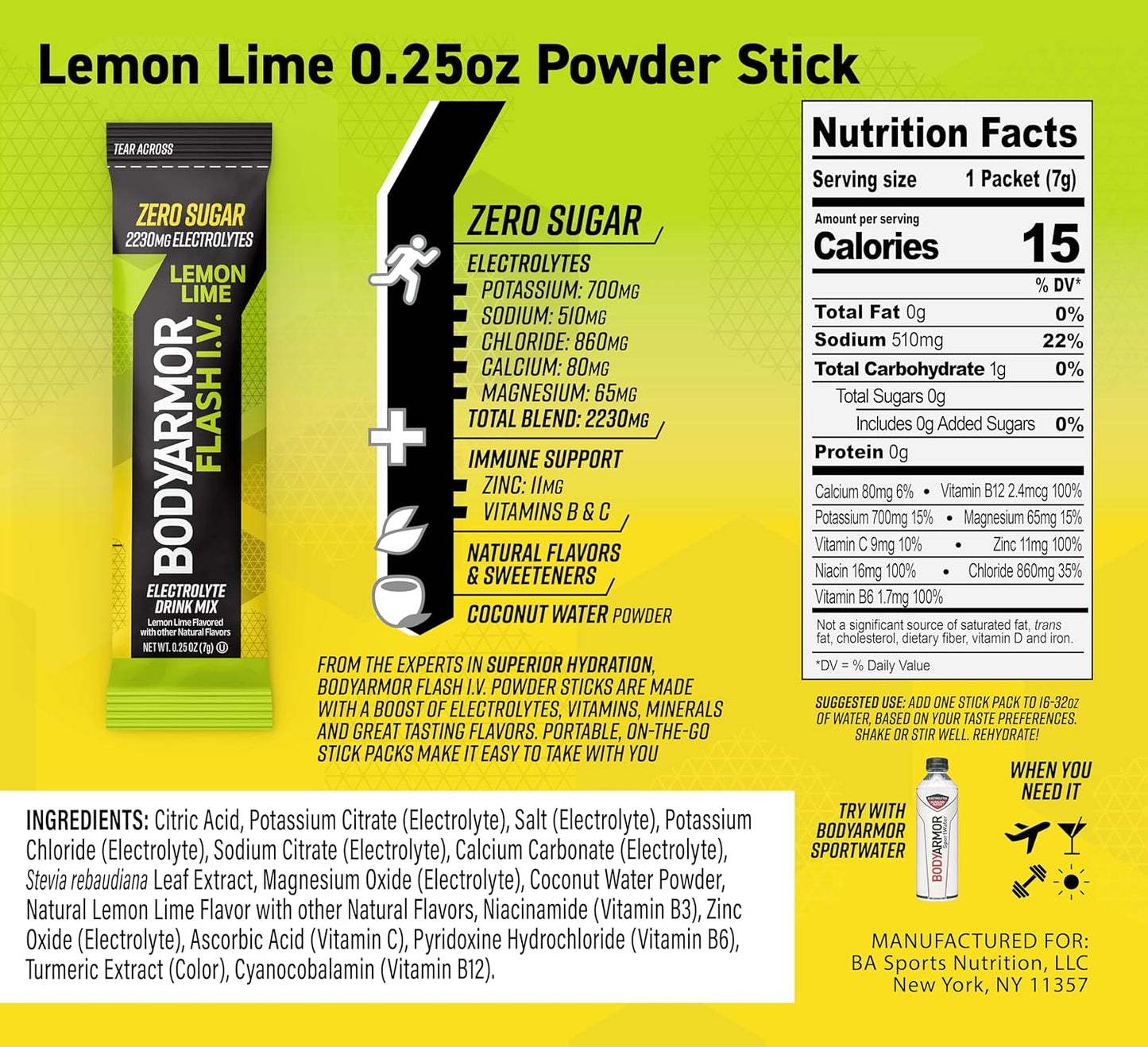 BODYARMOR Flash IV Electrolyte Packets, Lemon Lime - Zero Sugar Drink Mix with Coconut Water Powder (6 Pack)
